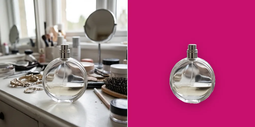 Before and after: a perfume bottle on a busy dressing table and the same bottle on a bold magenta background