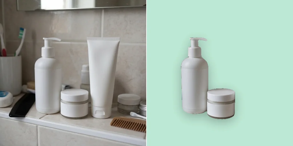 Before and after: skincare products on a cluttered bathroom shelf and the same bottle and jar on a mint-green brand background