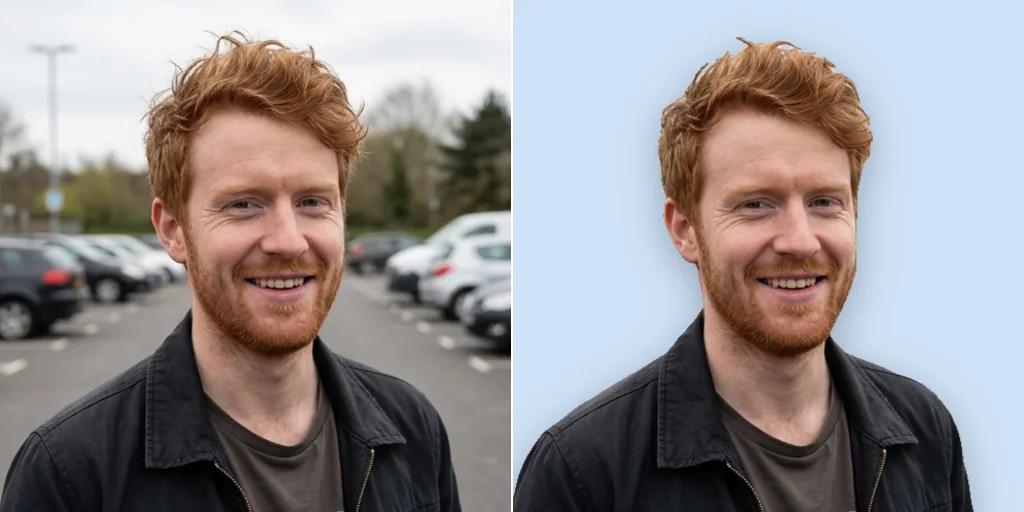 Before and after: a man outdoors and the same headshot on a light blue background