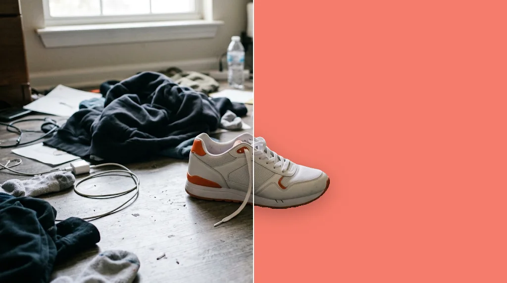Before and after: a sneaker on a cluttered floor and the same sneaker on a solid coral background