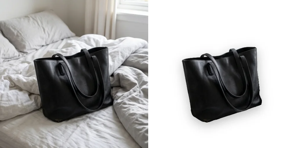Before and after: a handbag on a bed and the same bag on pure white