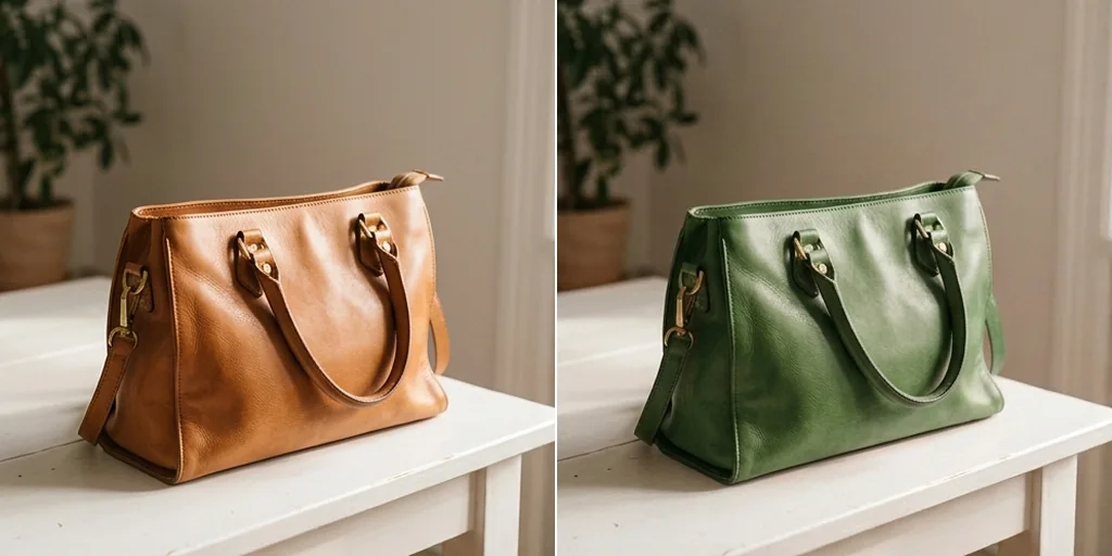 A tan handbag recoloured to forest green
