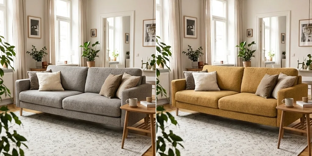 A living room sofa recoloured from grey to mustard