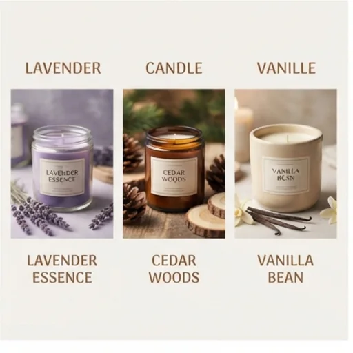 A set of three cloned creatives for a candle range in one style