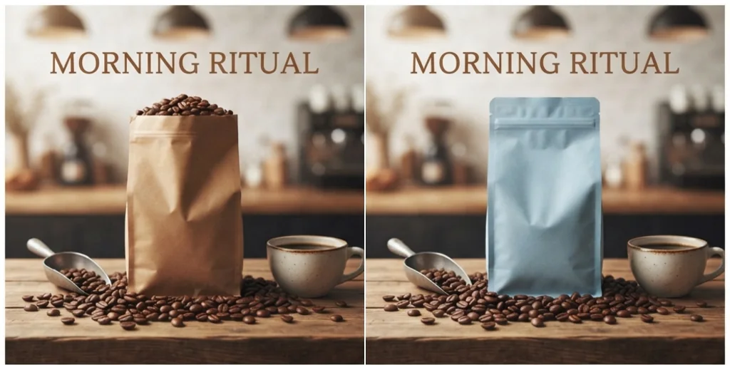 A reference coffee ad and the cloned version with a different coffee bag