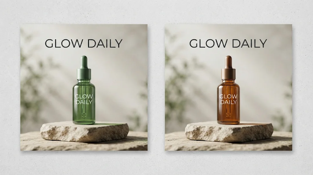 Before and after: a reference skincare ad and the same layout recreated with a different serum bottle