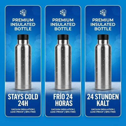 The same product creative with selling points in English, Spanish and German