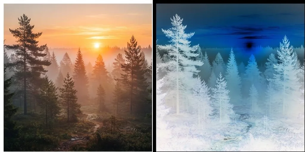 A misty forest photo and its inverted negative version