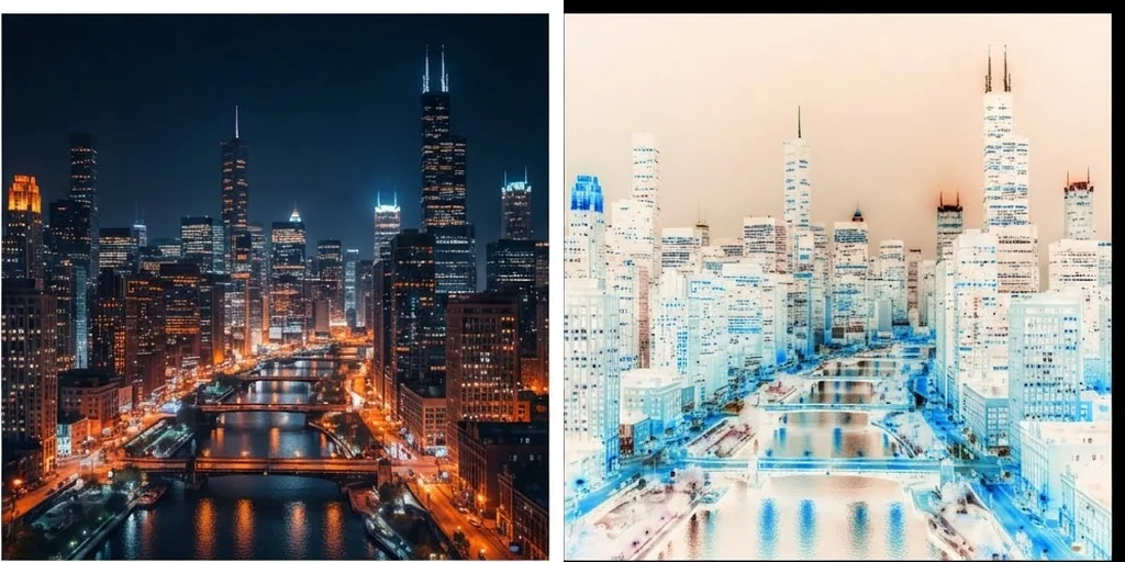 A night city skyline in blue and orange tones next to its inverted version