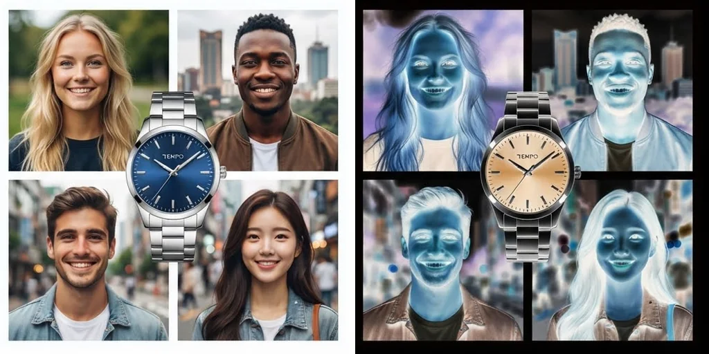 A grid of portraits and a watch shown with inverted colours