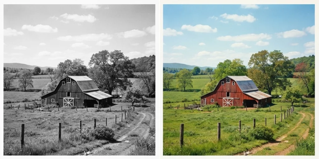 Before and after: a black-and-white photo of a red barn and the same photo in colour