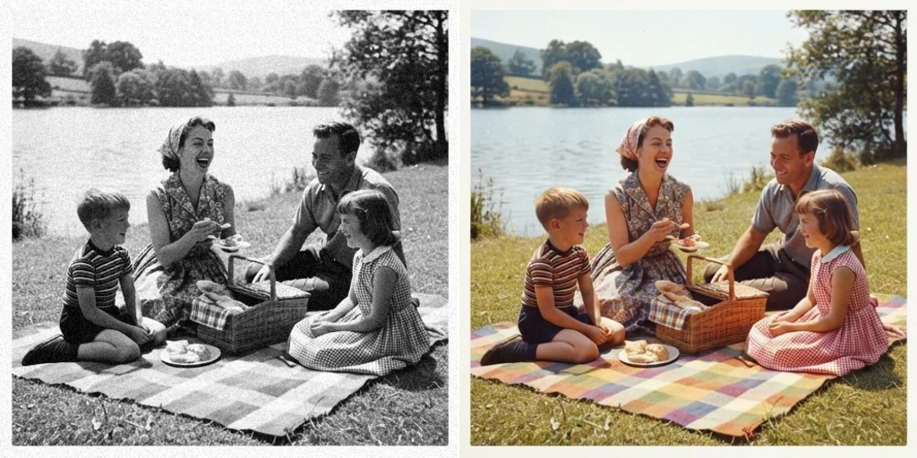 Before and after: a black-and-white family picnic and the same picnic in colour