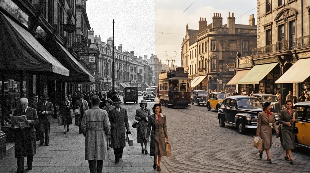 Before and after: a black-and-white 1940s street photo and the same photo in natural colour