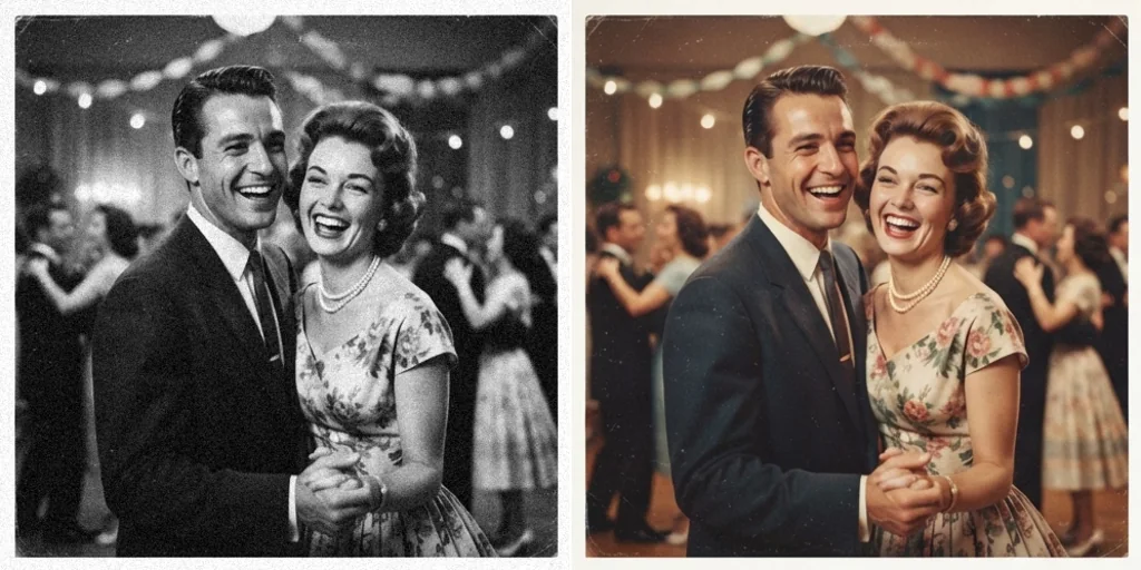 Before and after: a black-and-white portrait of a 1950s couple and the same photo in colour