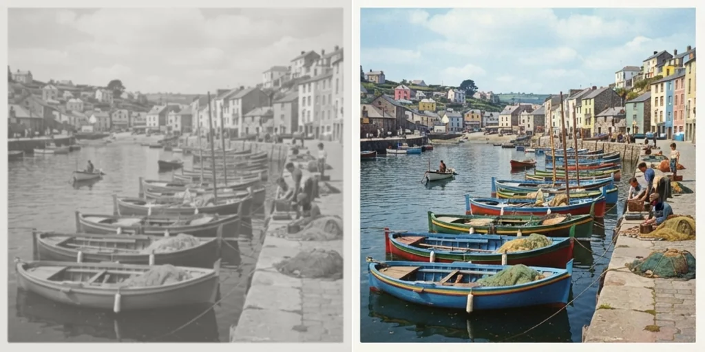 Before and after: a faded grey harbour photo and the same harbour in colour
