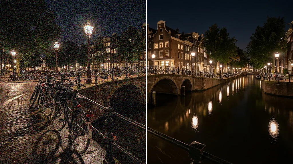 Before and after: a grainy night photo of an Amsterdam canal with bicycles on a bridge and the same photo denoised