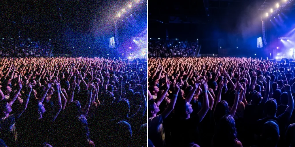 Before and after: a noisy photo of a concert crowd and the same photo denoised