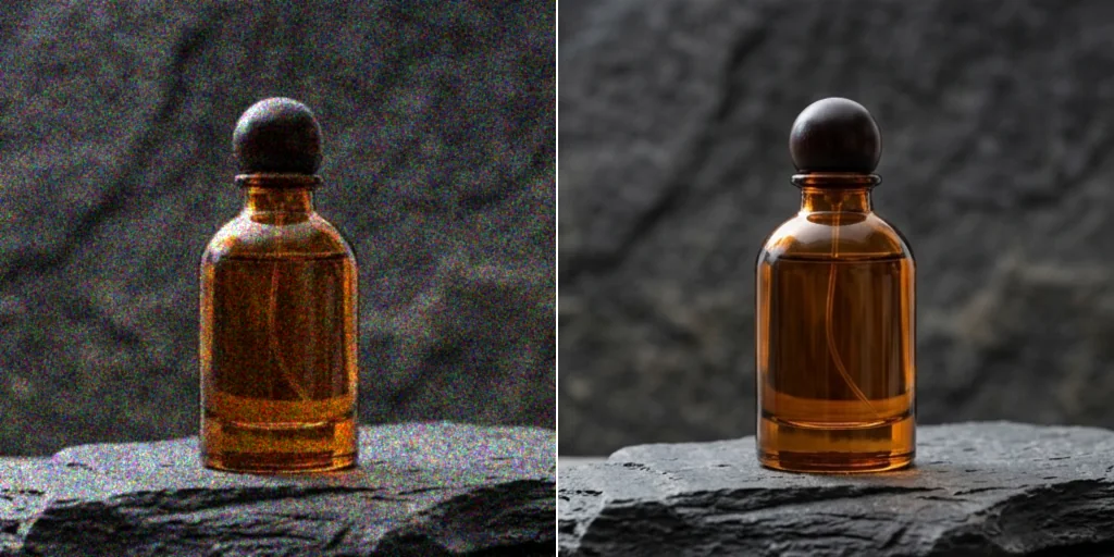 Before and after: a grainy product photo of a perfume bottle and the same photo clean