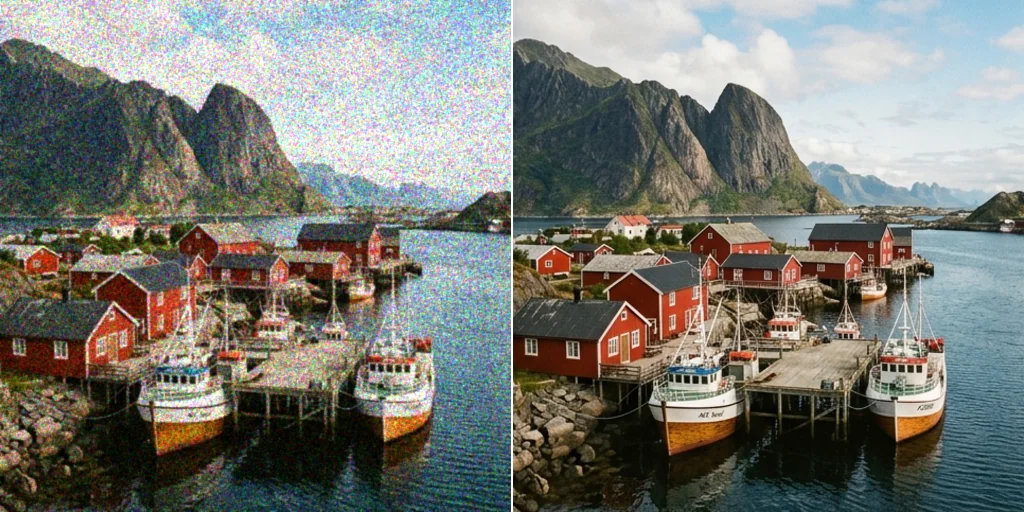 Before and after: a grainy scanned film photo of a harbour and the same photo cleaned