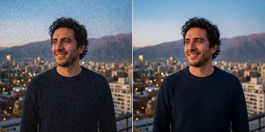 Before and after: a noisy portrait at dusk and the same portrait clean