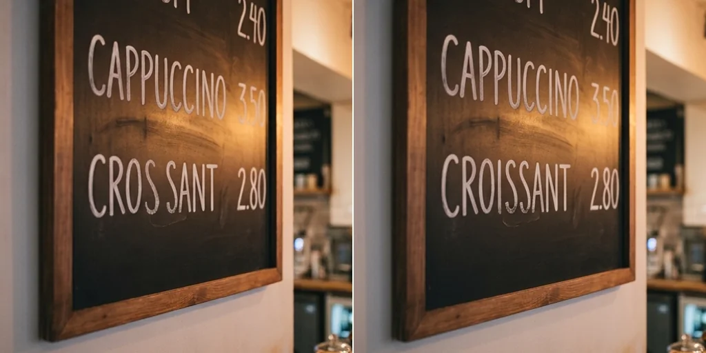Before and after: a menu board with a corrected dish name
