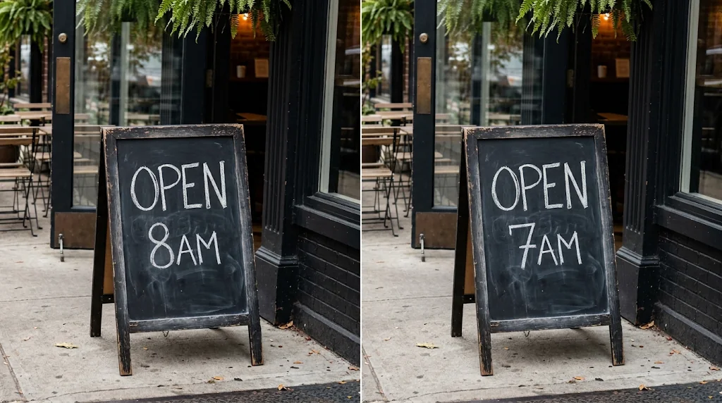 Before and after: a cafe chalkboard reading OPEN 8AM and the same chalkboard reading OPEN 7AM
