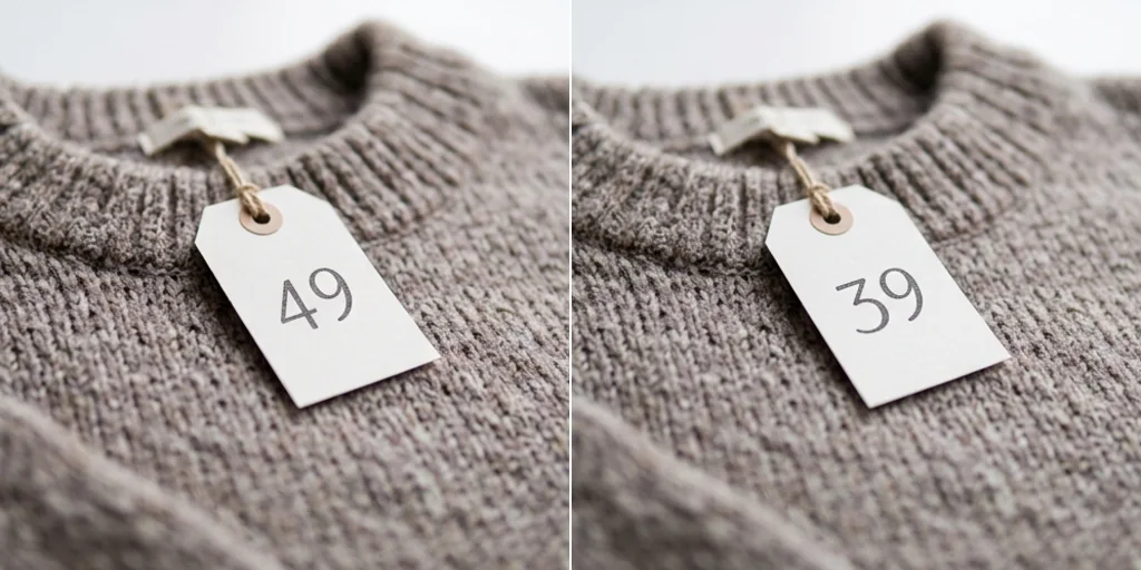 Before and after: a price tag changed from 49 to 39