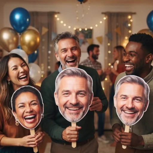 Guests holding big head cut-outs on sticks at a birthday party
