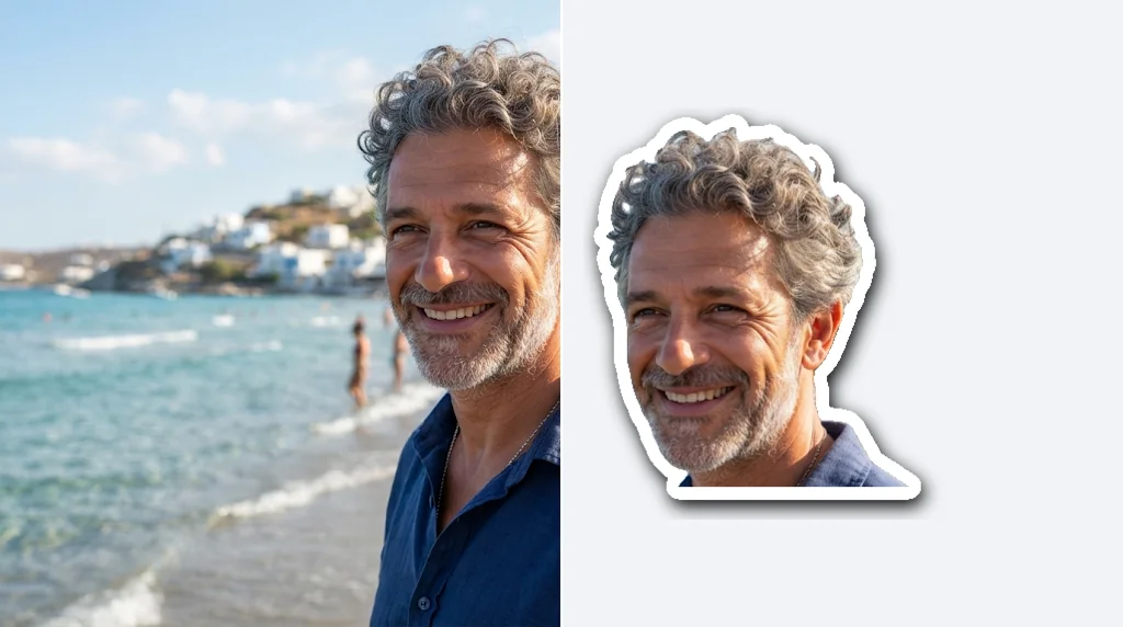 Before and after: a smiling man at a beach and his head as a clean sticker-style cut-out
