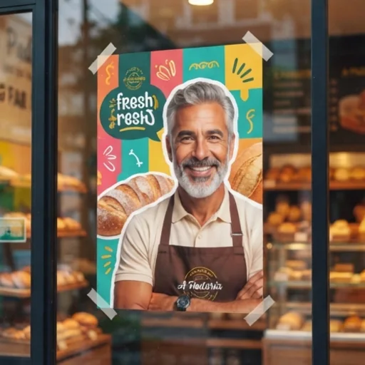 A shop promotion poster featuring a big head cut-out of the owner