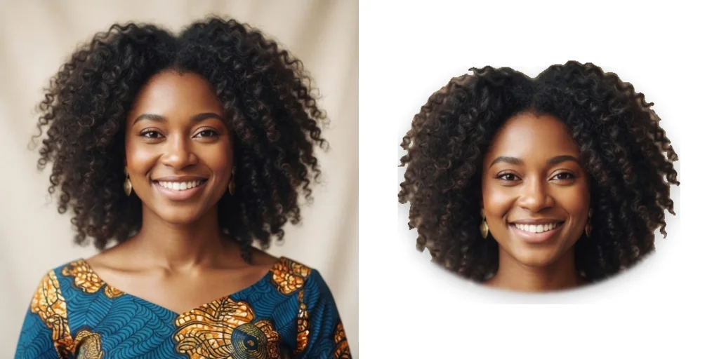 A sharp face cut-out with clean hair edges on white