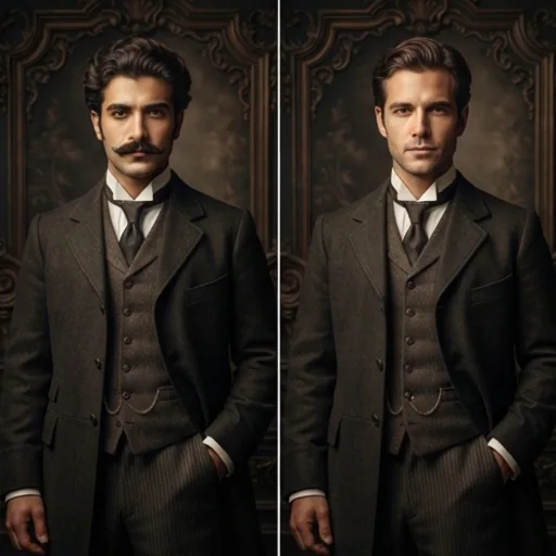 Two versions of a period costume portrait with different consenting actors