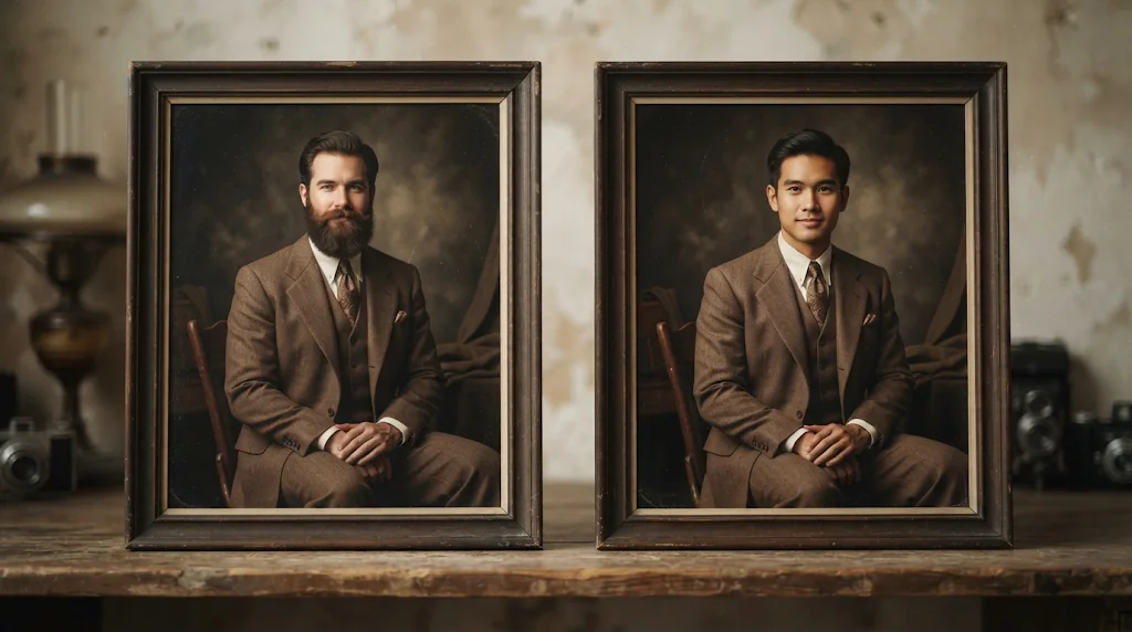 Before and after: a photo of a man in a vintage suit and the same photo with a different consenting man's face