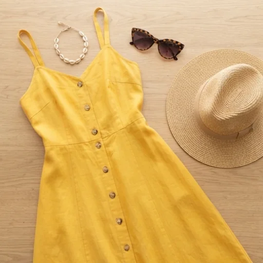 A summer dress flat lay with sunglasses and a straw hat