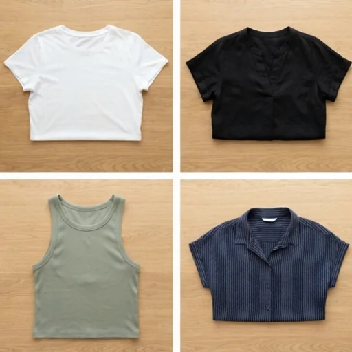Four consistent flat lays of tops in the same light and background