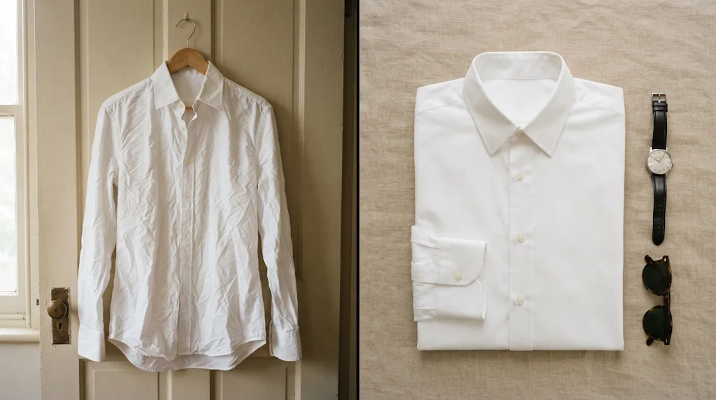Before and after: a wrinkled shirt on a hanger and the same shirt as a styled top-down flat lay