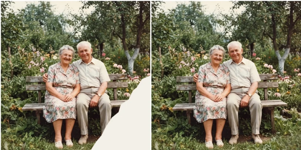 Before and after: a torn corner of a photo and the same corner rebuilt