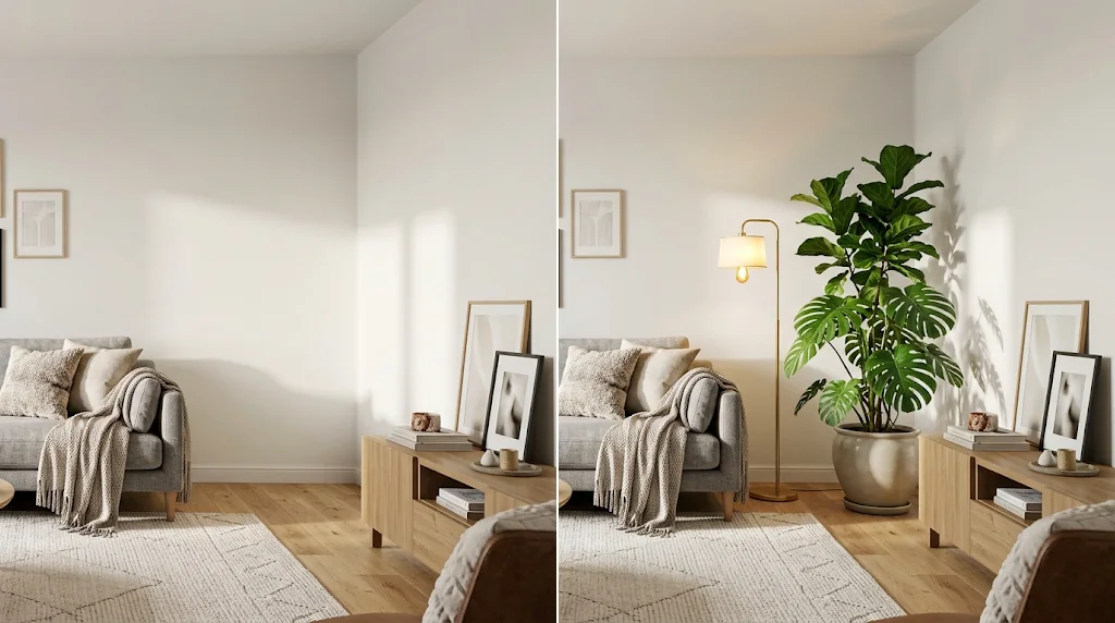 Before and after: a living room photo with an empty corner and the same room with a plant and lamp filled in