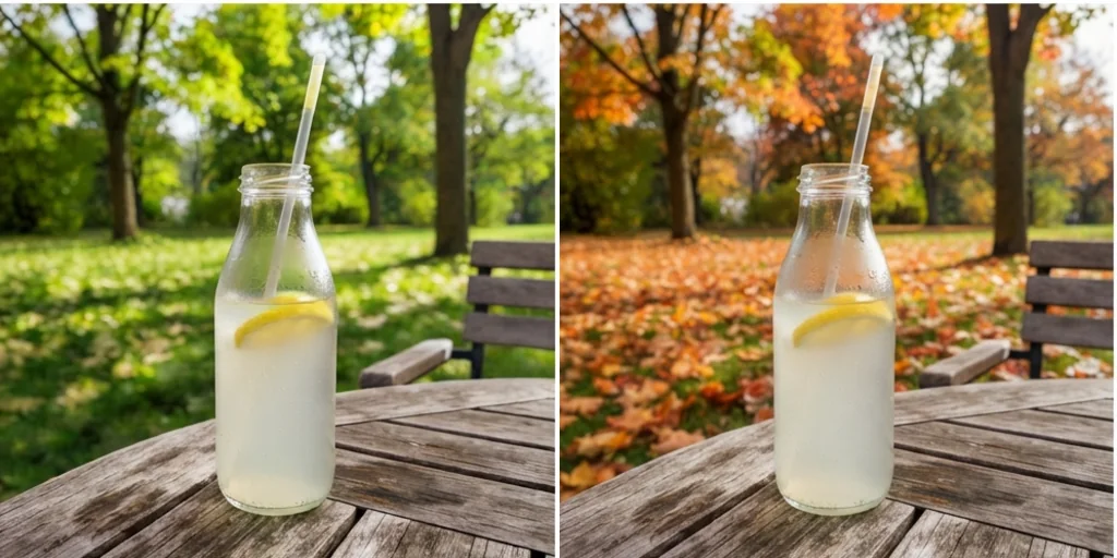 Before and after: a summer product scene and the same scene with autumn leaves