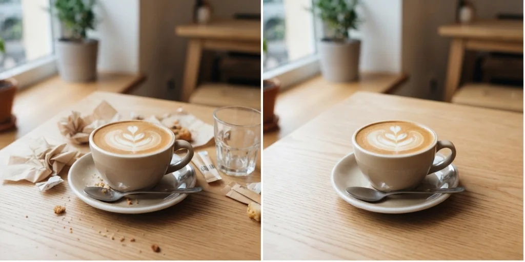 Before and after: a cafe table with clutter and the same table clean