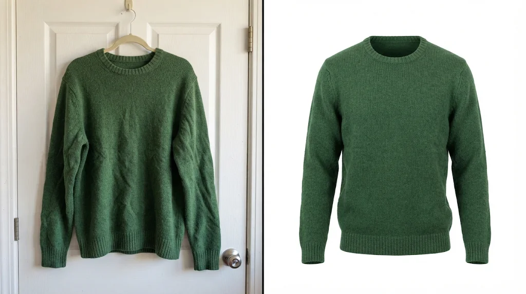 Before and after: a sweater on a plastic hanger and the same sweater as a ghost mannequin shot on white