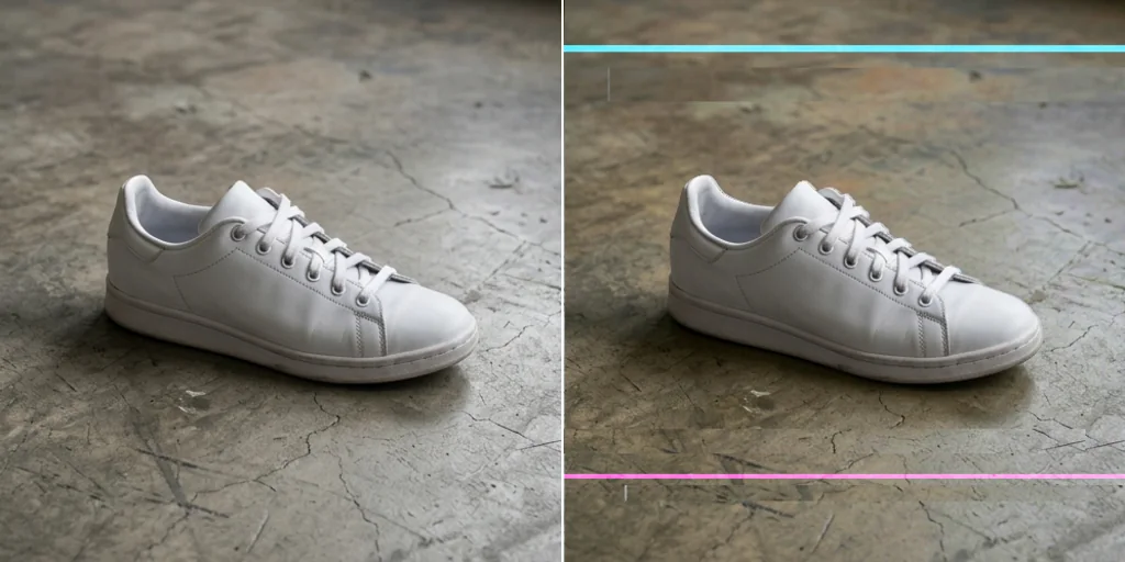 Before and after: a sneaker photo and a glitched version with the shoe still clear