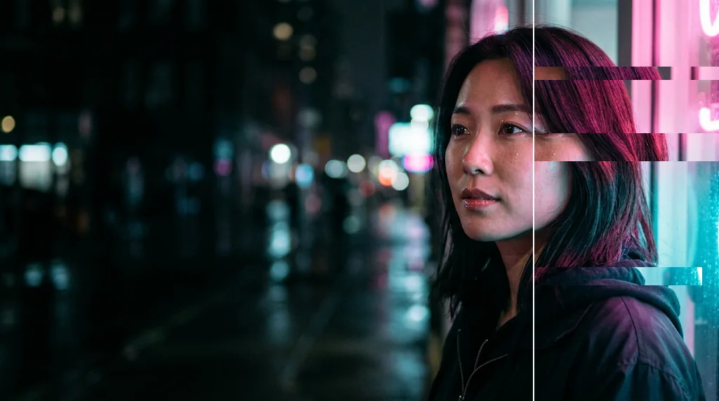Before and after: a portrait of a woman in neon light and the same portrait with an RGB glitch effect