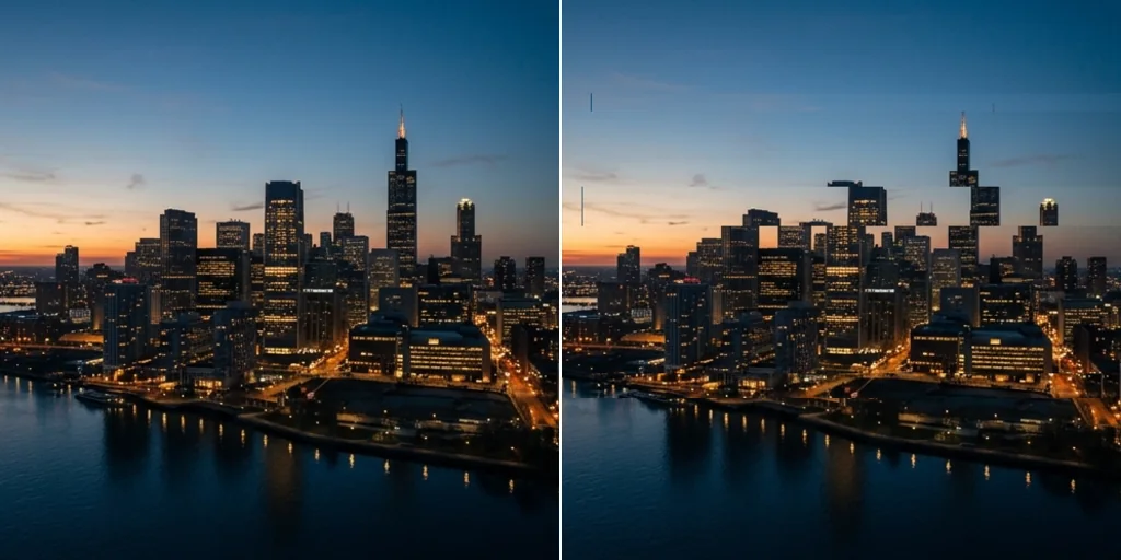 Before and after: a city skyline and the same skyline with glitch streaks
