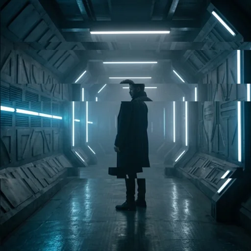 A glitched still of a figure in a dark corridor, sci-fi mood