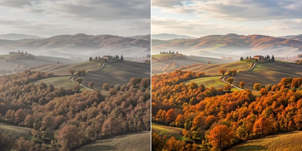 Before and after: a dull landscape of autumn hills and the same view in rich 4K detail
