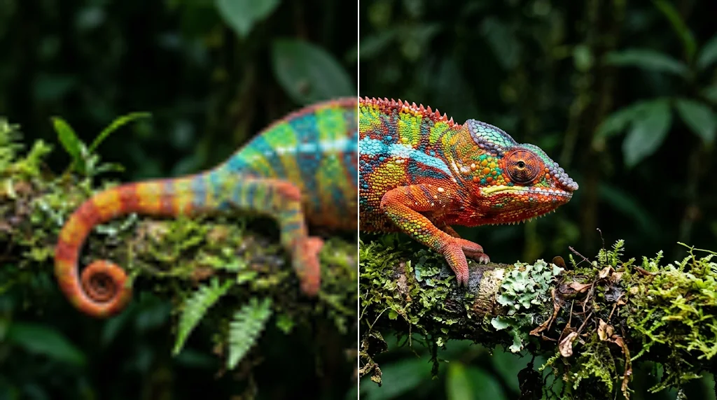 Before and after: a low-resolution photo of a chameleon and the same photo converted to HD