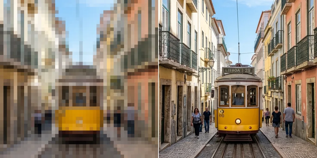 Before and after: a pixelated photo of a city tram and the same photo in HD