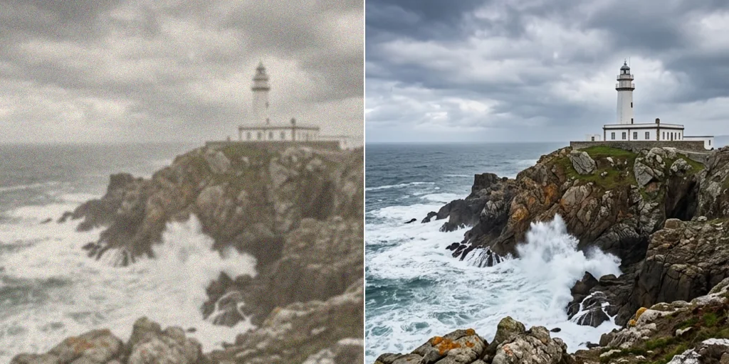 Before and after: a blurry old photo of a lighthouse and the same photo in HD