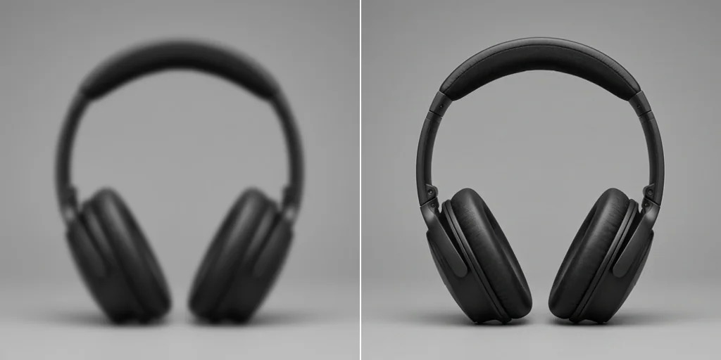 Before and after: a soft product photo of headphones and the same photo sharp and detailed